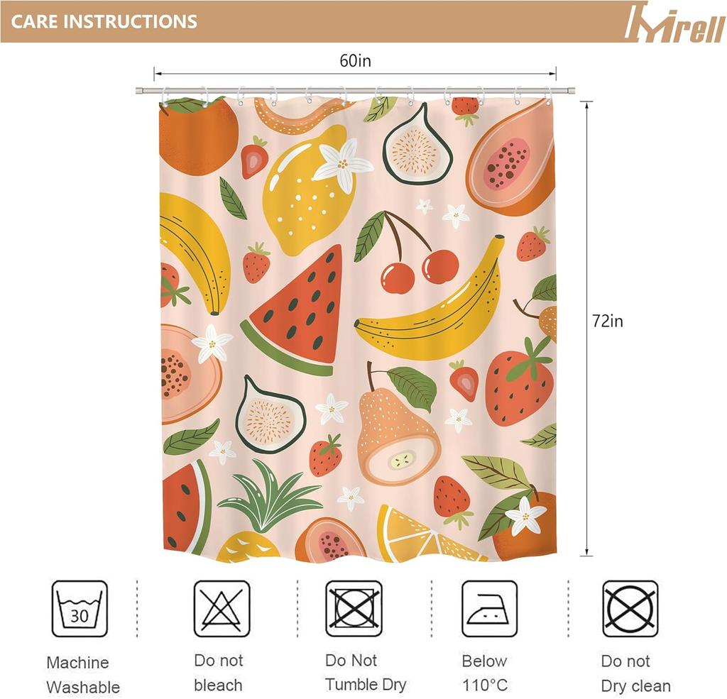Fruit Summer Shower Curtain Strawberry Watermelon Tropical Kids Cute Papaya Lemon Pitaya Cherry Cartoon Colorful Waterproof