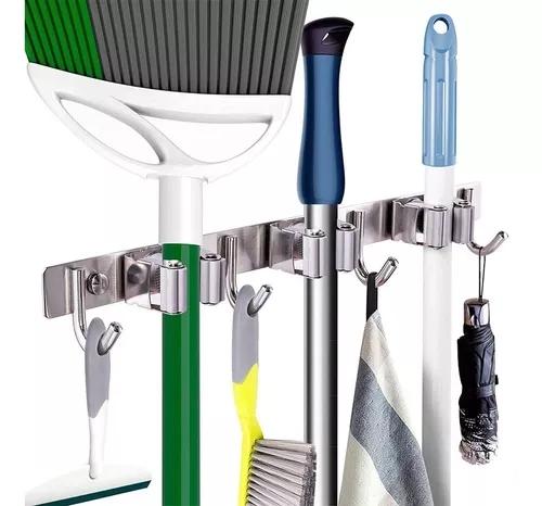 3 Racks and 4 Hooks Broom Holder Mop Hanger 304 Stainless Steel Multifunctional No Punch Laundry