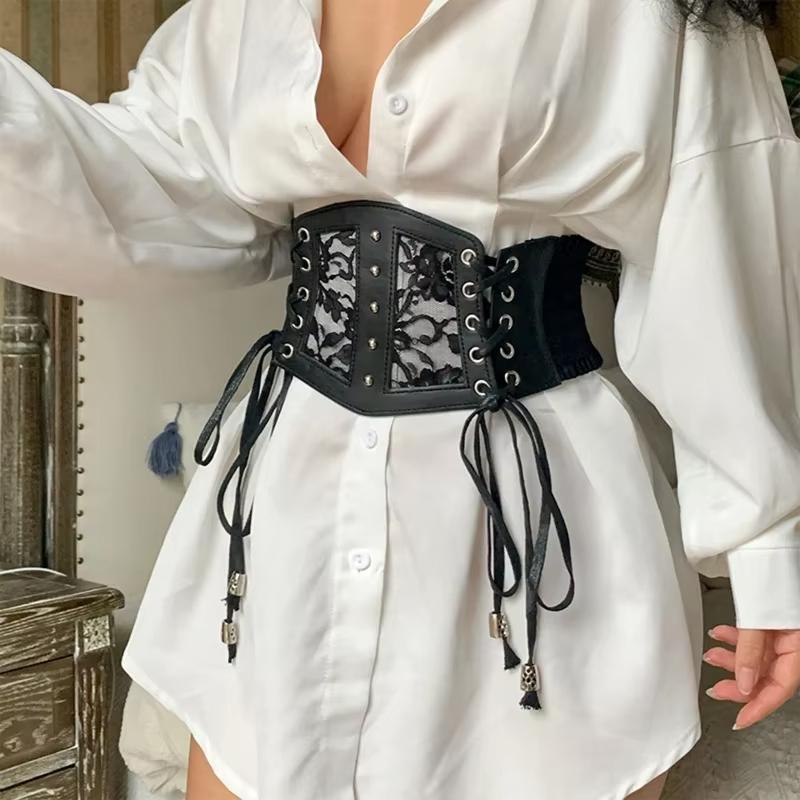 Retro Ladies's Elastic Lace Buckle  Lace Corset Belts Goth Punk Dress Corset Black Belt For Women On Shirt Dress Girdle Corset