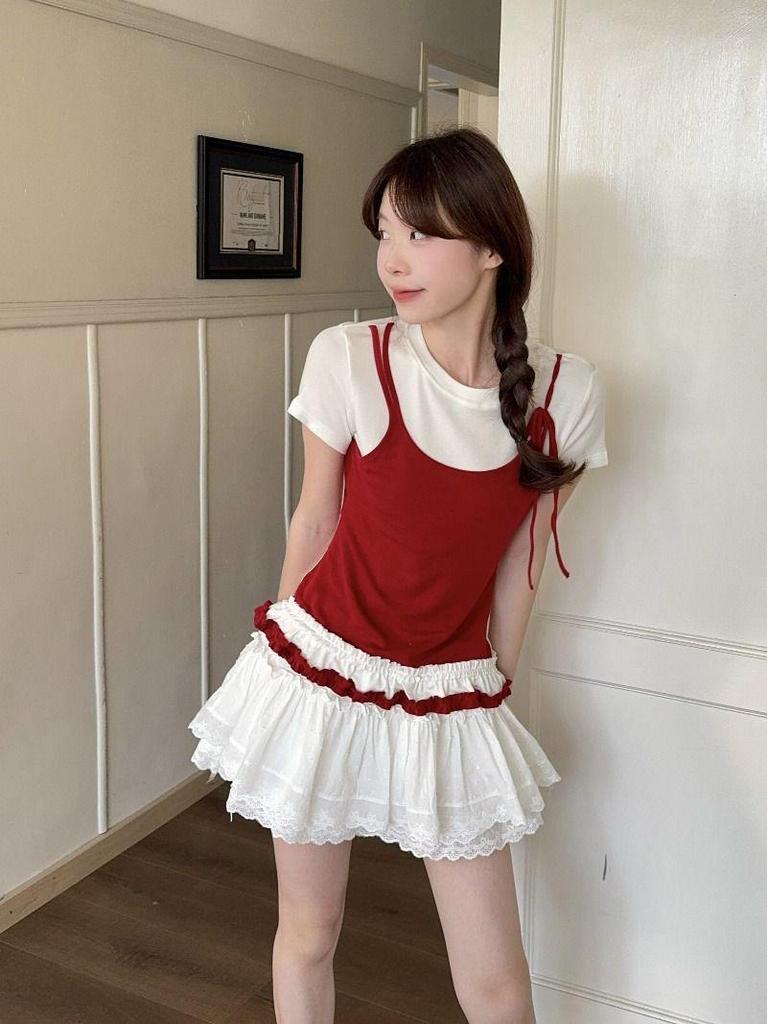 2025 Summer Lace Trim Color Block Sling T-shirt: Sweet & Spicy Girl Design