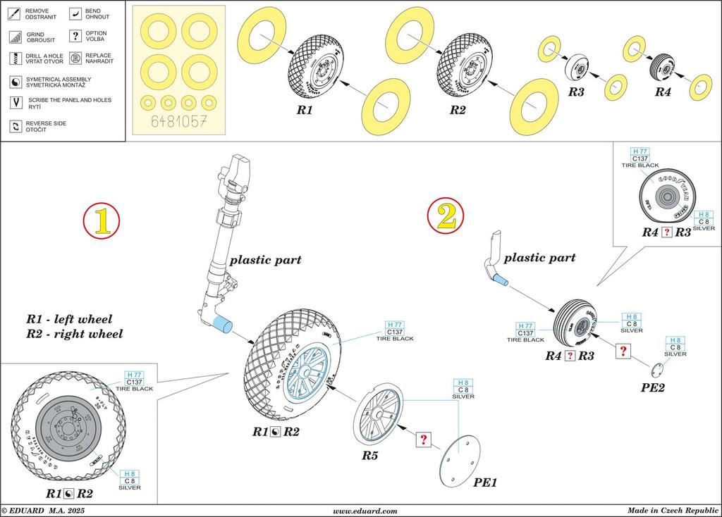 Eduard 1/48 Brassin P-40E Wheels with Diamond Treads (for Eduard) Plastic Model Parts EDU6481057 (Airplane)