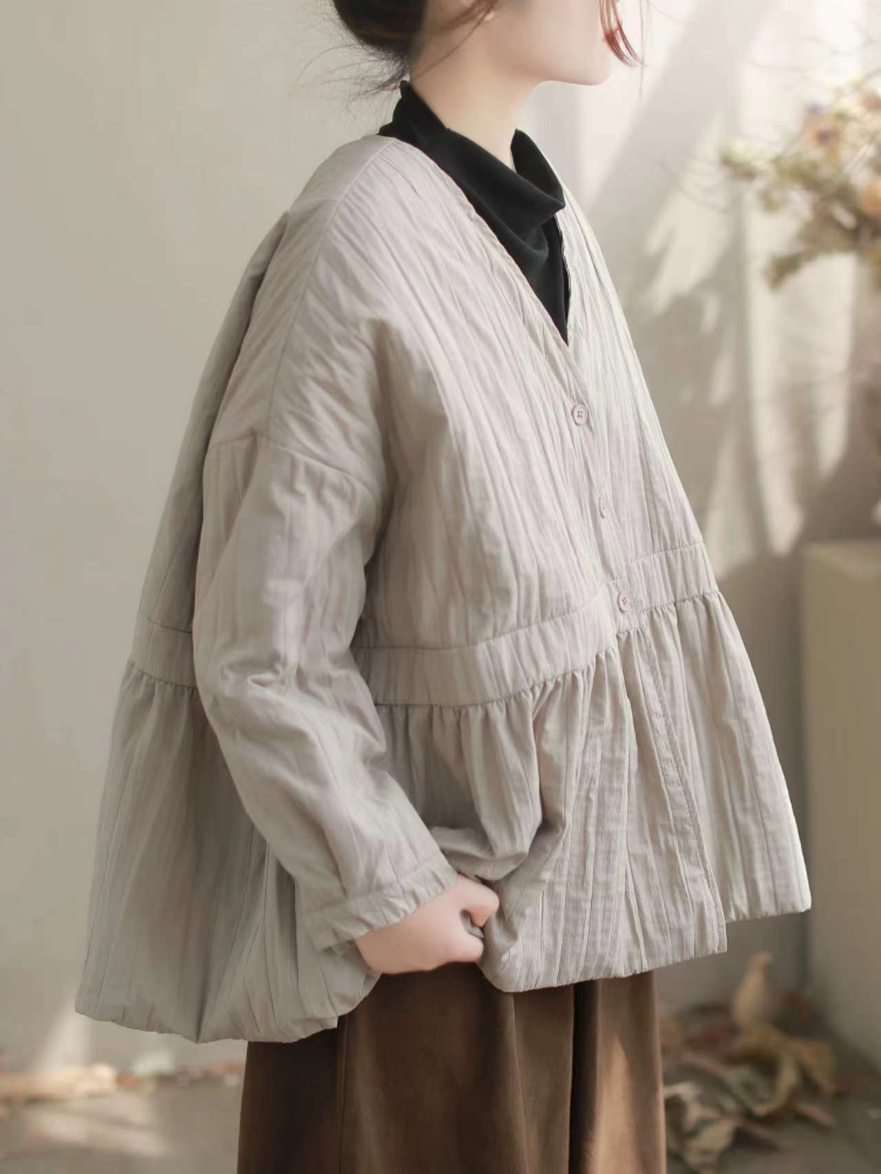 

Johnature Женское зимнее модное винтажное пальто с V-образным вырезом, свободное однобортное однотонное с длинными рукавами One Size кофейный