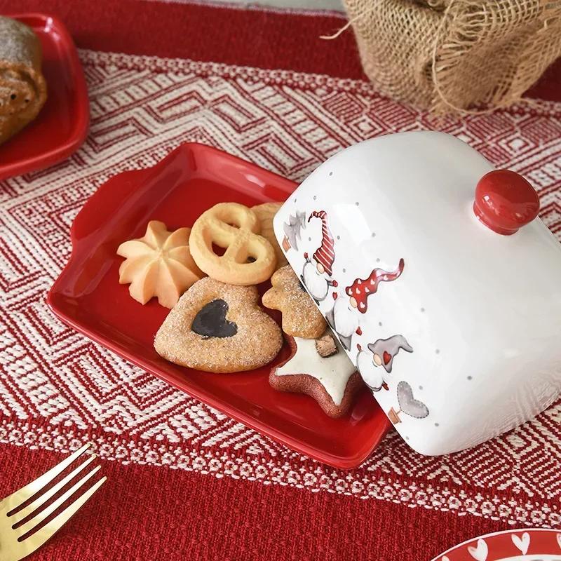 Christmas Elk Santa Claus Pattern  Butter Dish with Lid Nordic Style Sweets Cakes Desserts Cheese Plate Butter Container Dishes