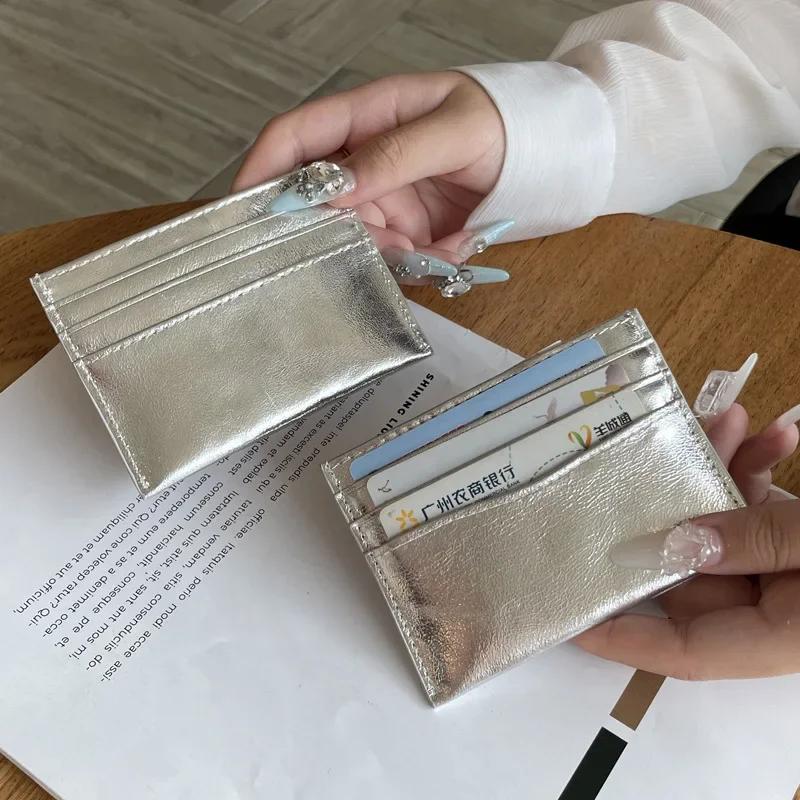Silver Genuine Leather Ultra-thin Card Holder Large Capacity Multi-card Slot Bank Credit ID Bag Mini Cute Wallet for Women