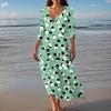 Women's Vintage Print Tunic Waisted Midi Dress Summer Casual 3/4 Sleeve Dress Dress