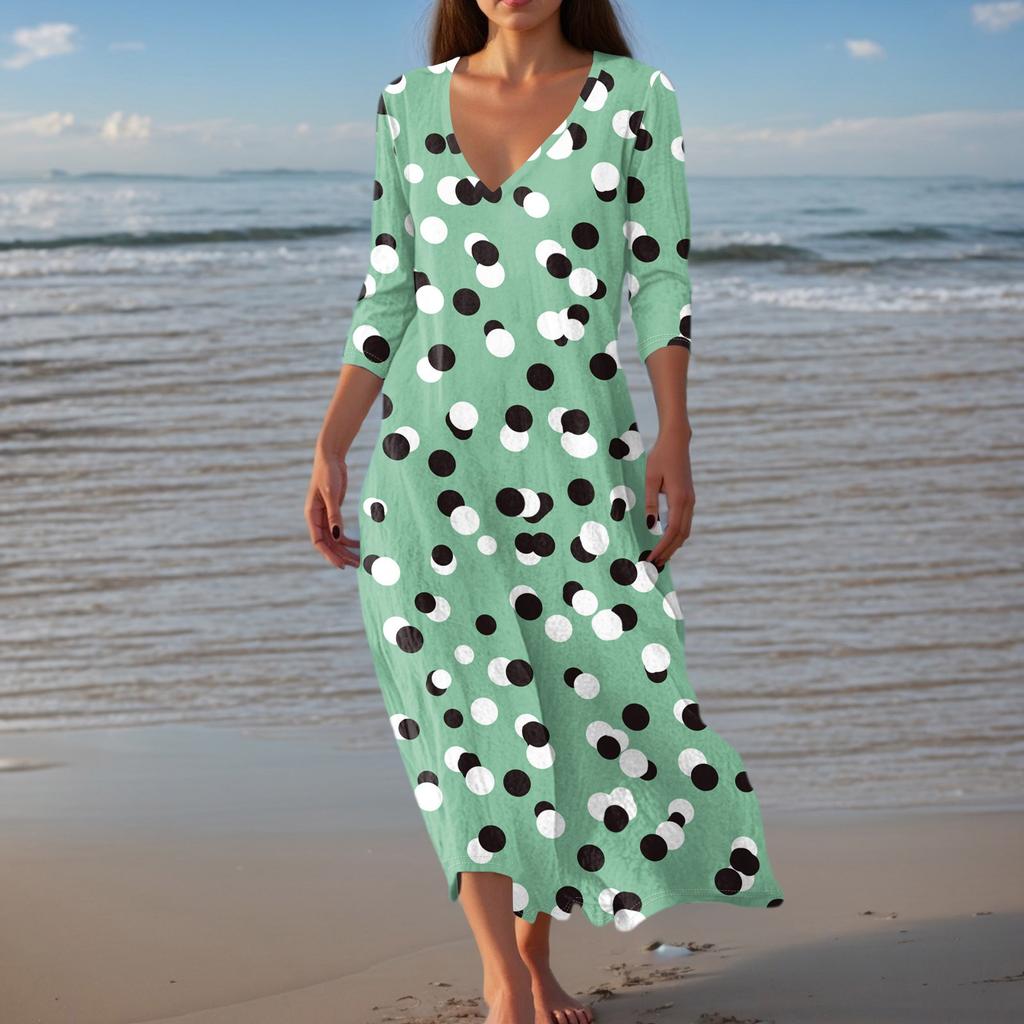 Women's Vintage Print Tunic Waisted Midi Dress Summer Casual 3/4 Sleeve Dress Dress