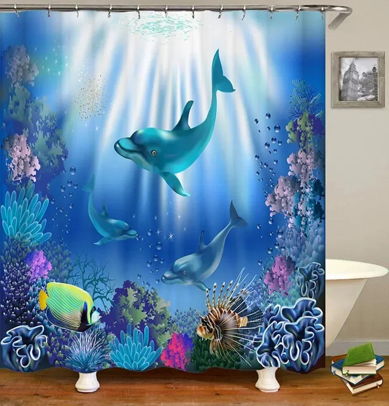 Dolphin Shower Curtain Sea Theme Shower Curtain Hook Washable Dolphin Waterproof 3D Animals Shower Curtain for Bathroom Decor