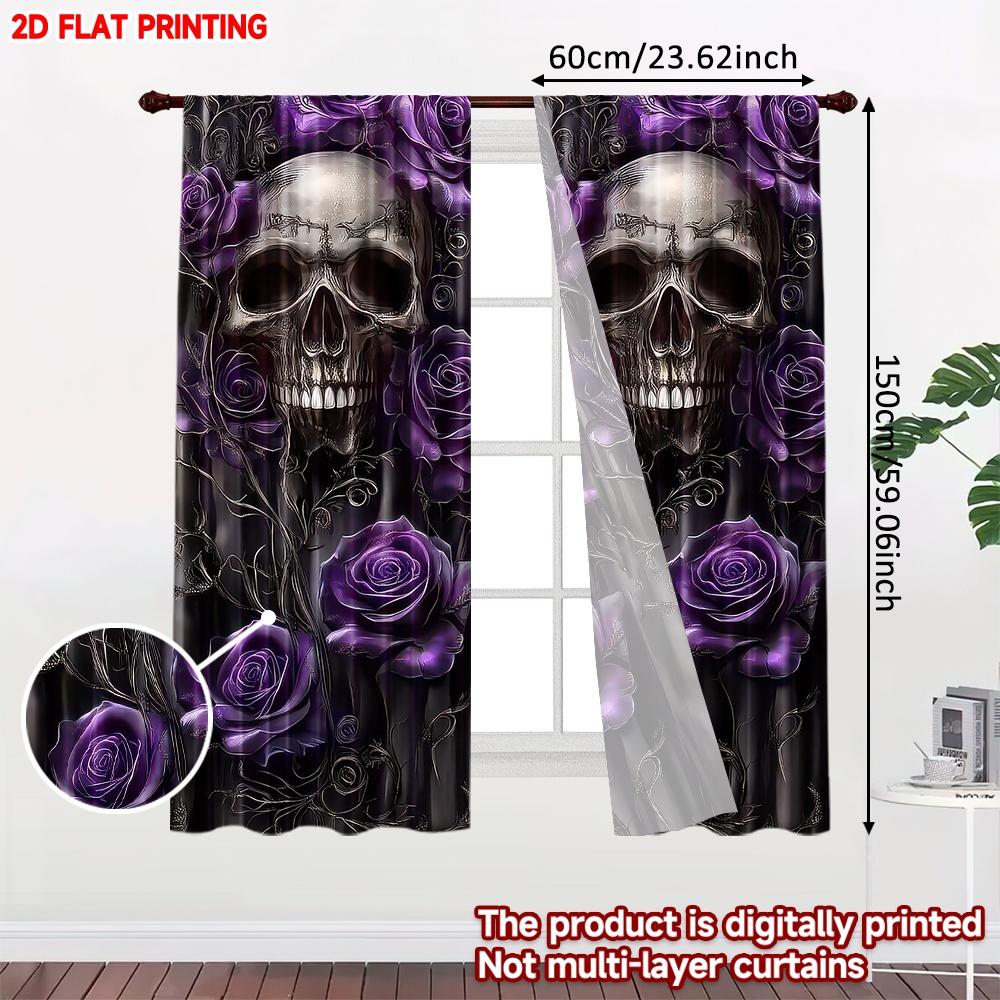 Set aus 2 Totenkopf-Rosen-Vorhängen Gotisch Weiß Lila Rosen Schwarze Ranken Dunkler Hintergrund Horror-Thema Zimmervorhang Polyester