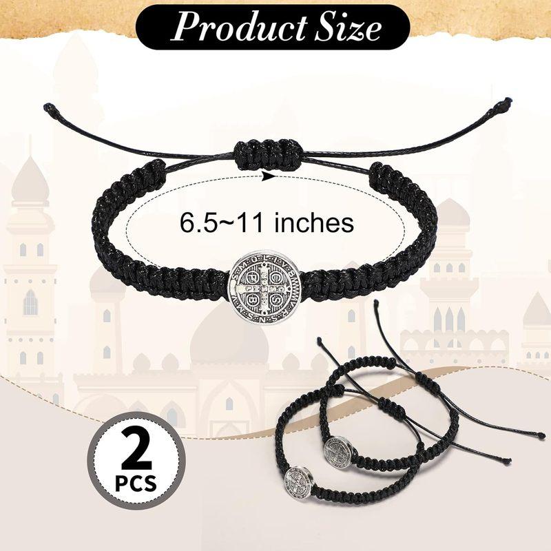 2 Pcs Catholic Saint Benedict Medal Bracelets Adjustable Black and Red String Bracelets Religious Jewelry Gifts for Men Women