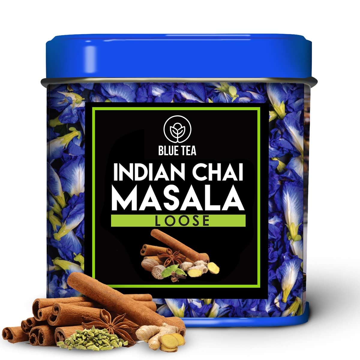 BLUE TEA - Indian Chai Masala Tea | Calming Masala Tea - 50g - 50+ Cups | MASALA SPICY TEA | Ginger, Cardamom, Cinnamon | Caffeine-Free | He