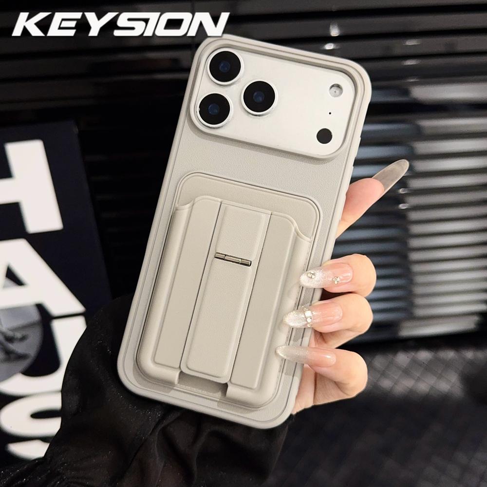 KEYSION Stoßfeste Handyhülle für iPhone 13 14 15 Pro Max 14 15 Plus Silikon+PC Kartensteckplatz Halter Tasche Ständer Rückseite