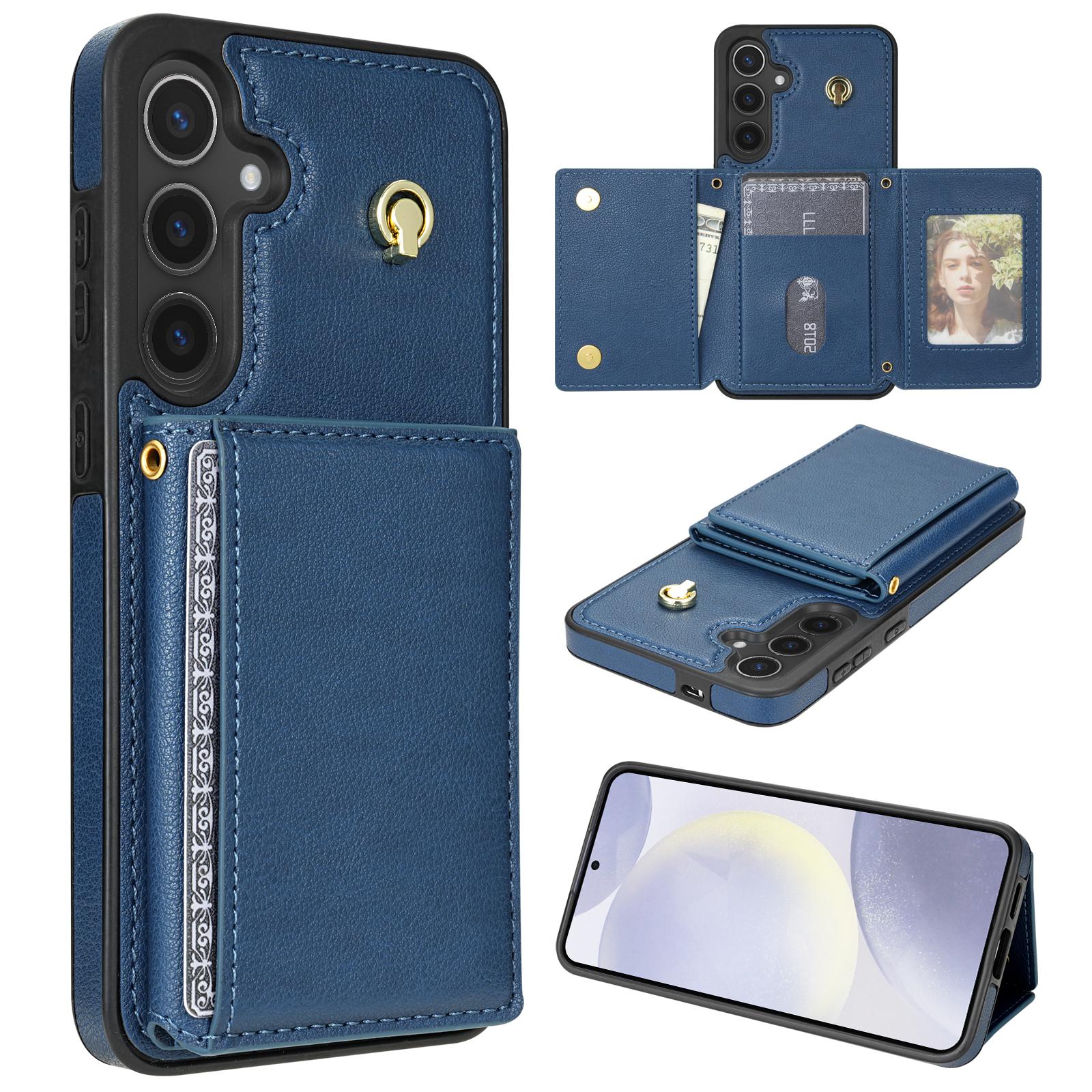 

For Samsung Galaxy A15 4G/5G Case Tri-Fold Card Holder Kickstand TPU+Leather Back Cover with Shoulder Strap Blue