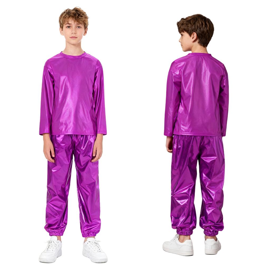 Kids Girls Dance Performance Outfit 2-Piece Set: Metallic Shiny Long Sleeve T-shirt & Matching Shiny Pants for Stage & Party