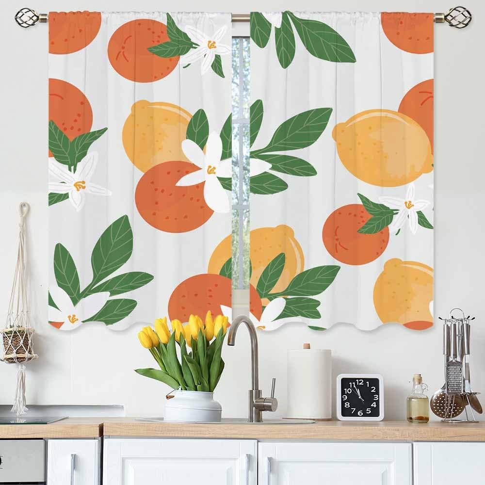 Oranges and Lemons Kitchen Curtains Tropical Fruit Slice Floral Leaves Fresh Short Tier Curtains for Bathroom Cafe Small Window