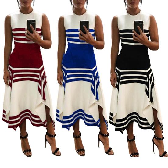 Abito Maxi Senza Maniche da Donna Estivo Casual Vita Alta Girocollo Abito a Righe Fluido Orlo Irregolare Spacco Abito Lungo