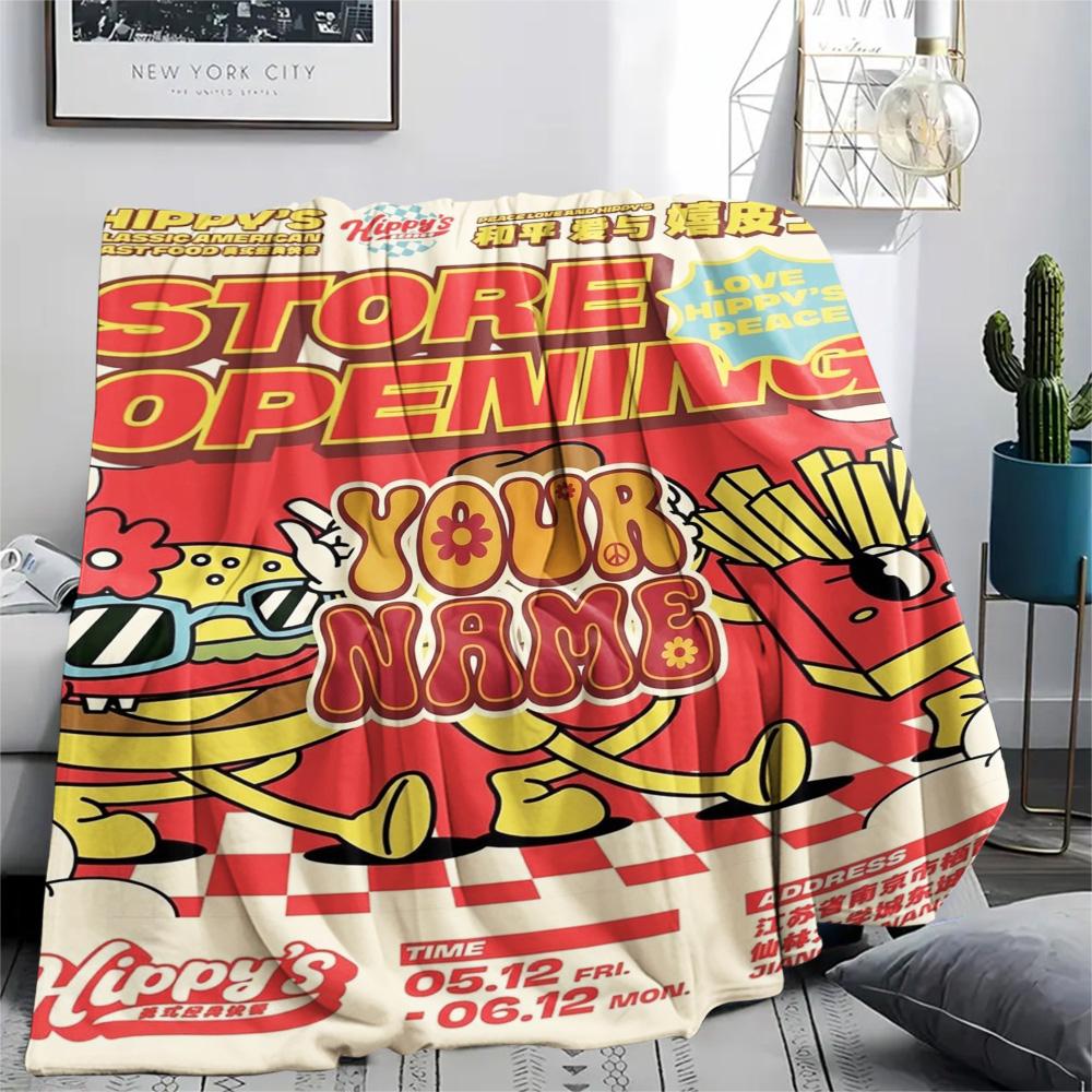 1PC Burger Run Menu Custom Name Patterned Flannel Blanket Suitable For All Seasons For Home Decor Warmth And Comfort Gifts Holiday Present