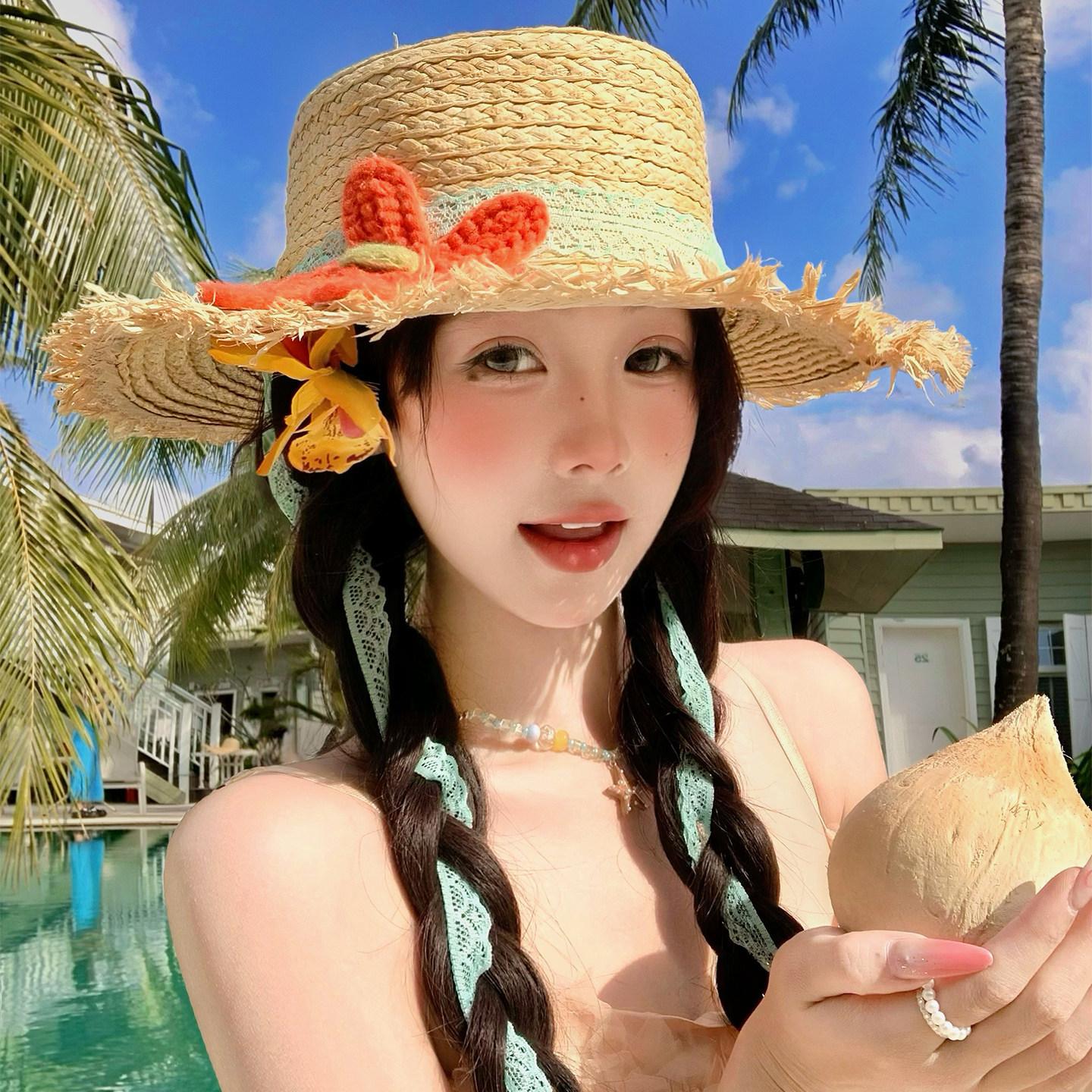 Women s Summer Wide-Brimmed Flat-Topped Woven Raffia Hat with Floral Lace Ribbon – Beach Sun Hat One Size