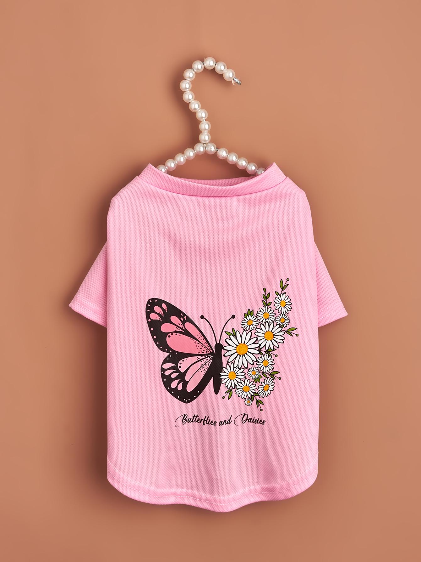 

Pet Cloth Dog T-shirt with Colorful Butterflys and Flower Printed Clothes for Puppy Dog Cat Comfortable Apparel Costume XS（old） рожевий