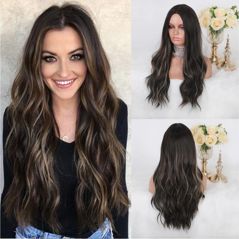 Wig for Women: Center Part, Mixed Brown Highlights, Long Wavy Curls, High-Temperature Silk Wig K178