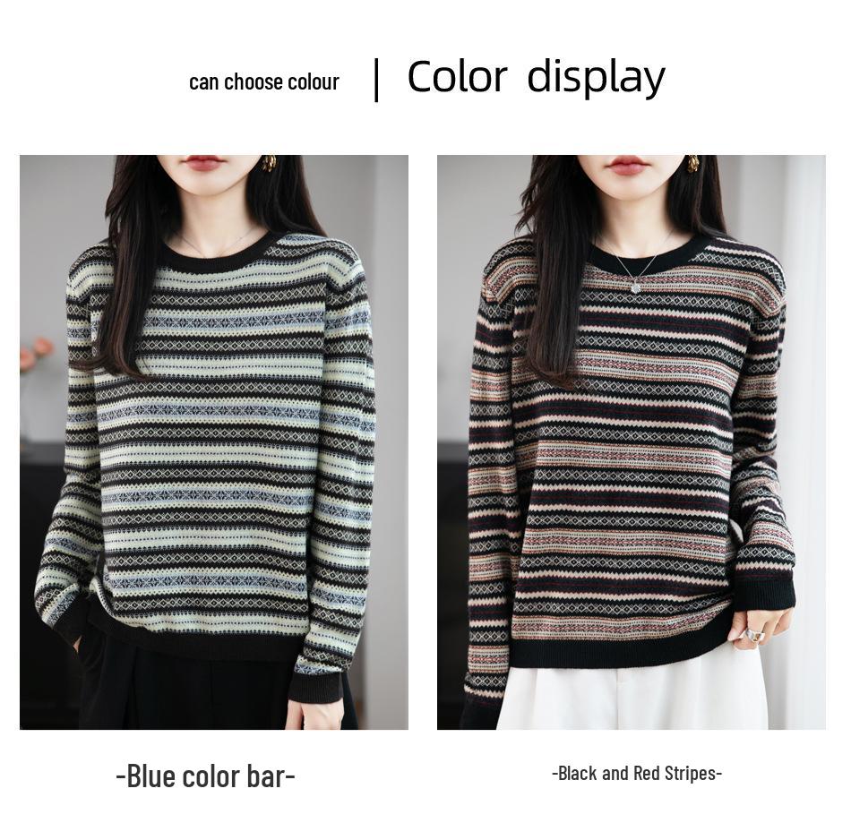 Retro Jacquard Striped Wool Blend Sweater - Women's Loose Casual Round Neck Long Sleeve Knitwear for Autumn/Winter