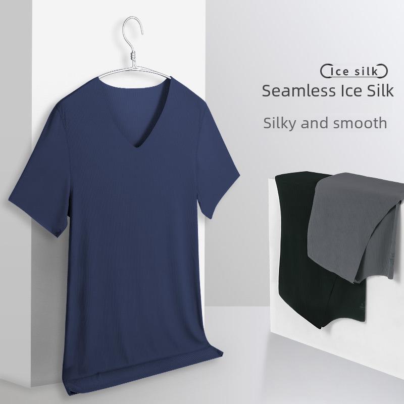 Men's Summer Ice Silk V-Neck T-Shirt – Short Sleeve, Solid Color, Slim Fit