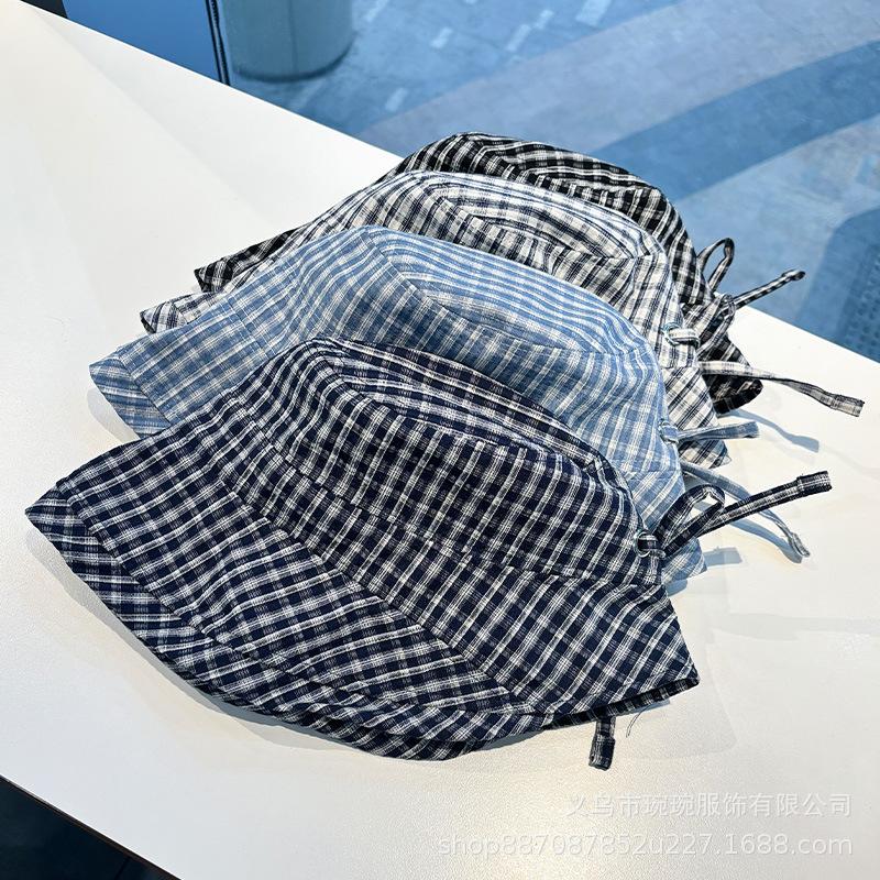 Spring and summer new plaid bow sunshade fisherman's hat children's outdoor face covering, small face versatile sunscreen basin hat