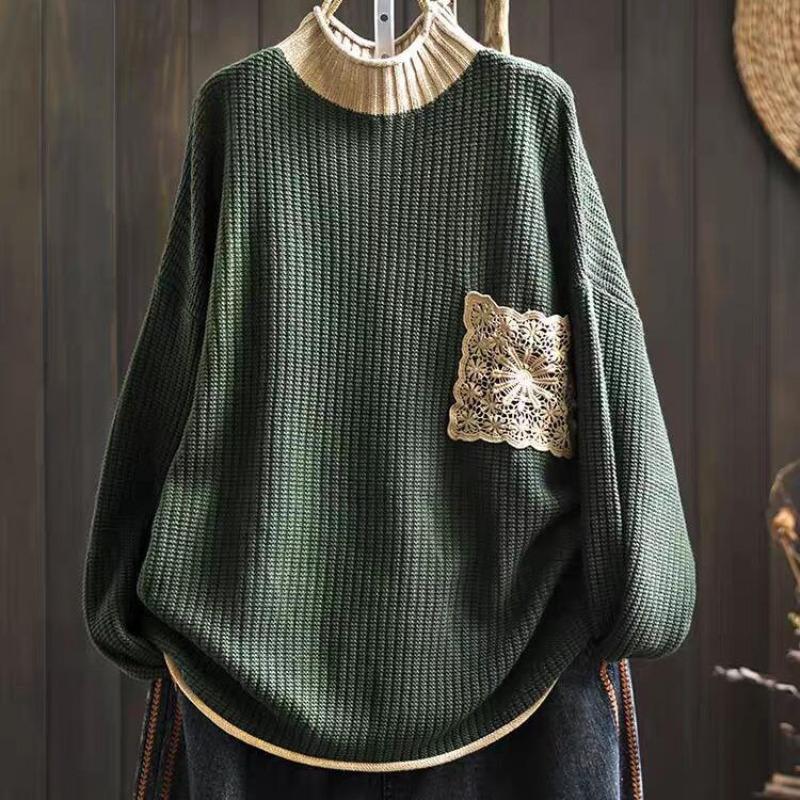 

Хлопковый вязаный свитер женский свободный большой размер с покрытием из мяса на осень и зиму литературный и повседневный пуловер XL зелёный