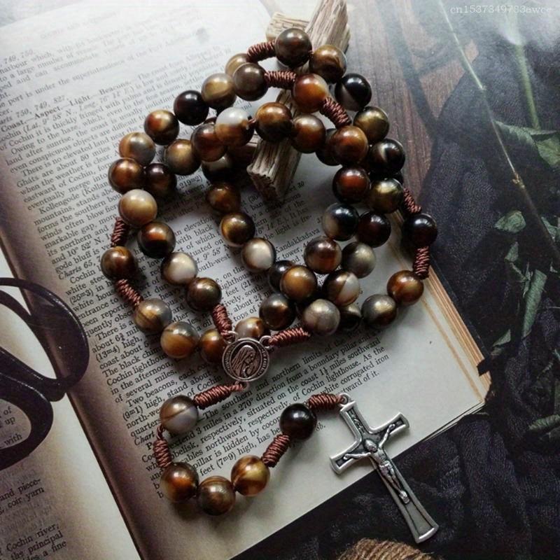 Vintage Rosary Catholic Prayer Beads Necklace Christ Jesus for Cross Pendant Necklace Beaded Religious Jewelry Gift F0T6
