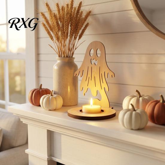 Halloween Candle Holder Wooden Holder, Silhouette Ghost/Bat/Scarecrow/Bat Table Centerpiece Tealight for Home Fireplace Decor Solid Wood Stand