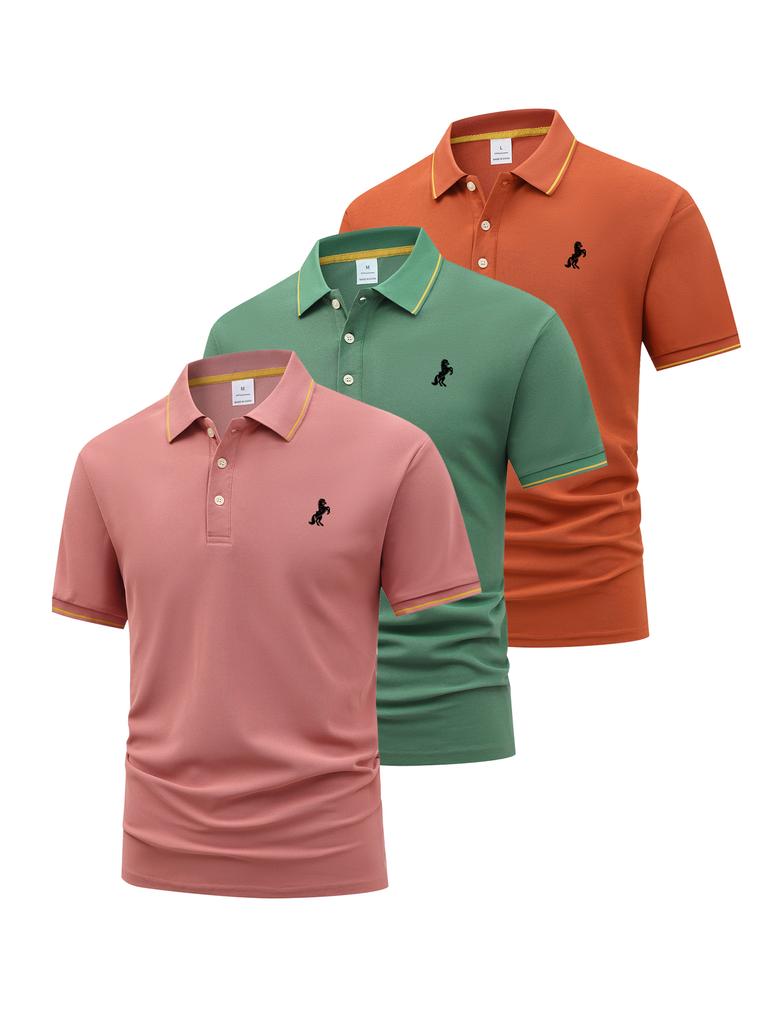 3 Pack Mens Piped Trim Short Sleeve Polo Shirt, Casual Night Jogging Tops, Classic Fit for Running Errands Outdoor Exercise Commute Leisure Wear