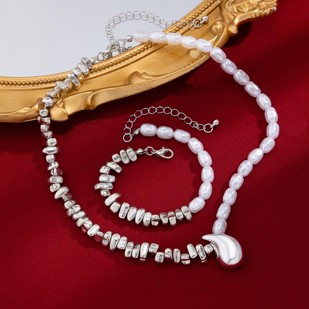 Accessories, Design Sense Metal Glossy Water Drop Necklace Women, Irregular Beaded Bracelet Necklace Set