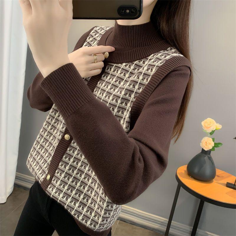 Sweater for Women Autumn Winter Thickened Warm Knitted Faux Two-Piece Knit Top Stretchy Long Sleeve Oversize Long-neck Tops