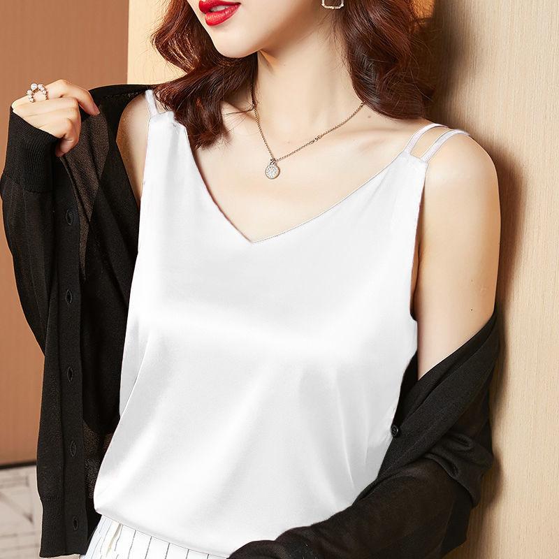 

Premium sense heavy imitation silk V-neck mulberry silk sling vest femininity versatile suit with satin base M белый