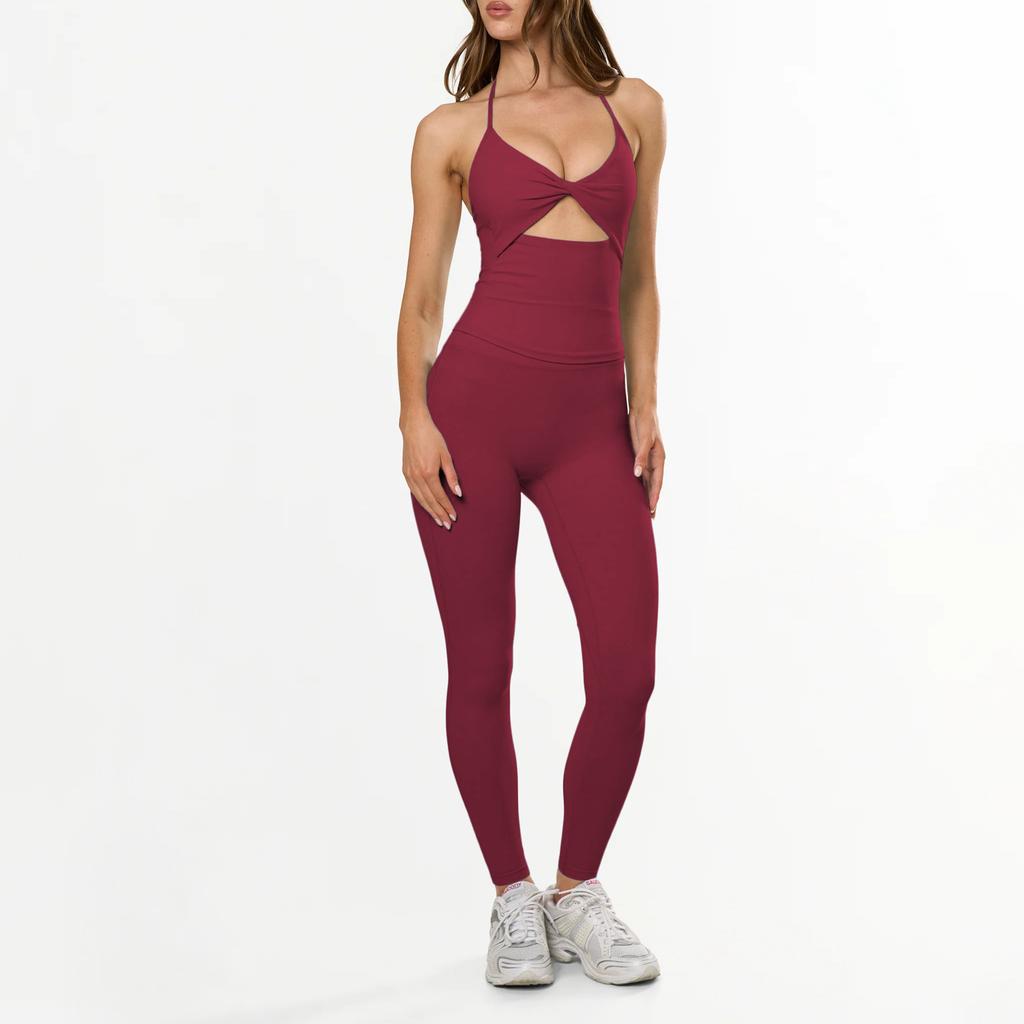 Yoga suit, neck vest, high waist trousers, fitness sports running top, leggings, two-piece set