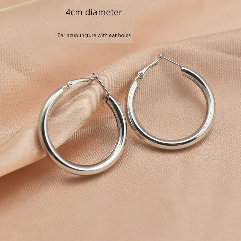 

Thick Ring Silver Fashion All-Match European and American Trends Earrings 4cm Diameter, Pierced Ears, 1 Pair of Earrings