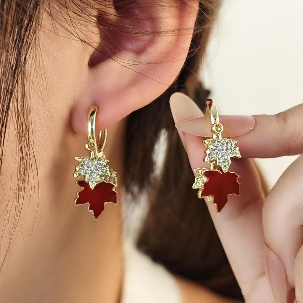 Elegant Red Maple Leaf Rhinestone Stud Earrings - Versatile High-Class Accessories for Women
