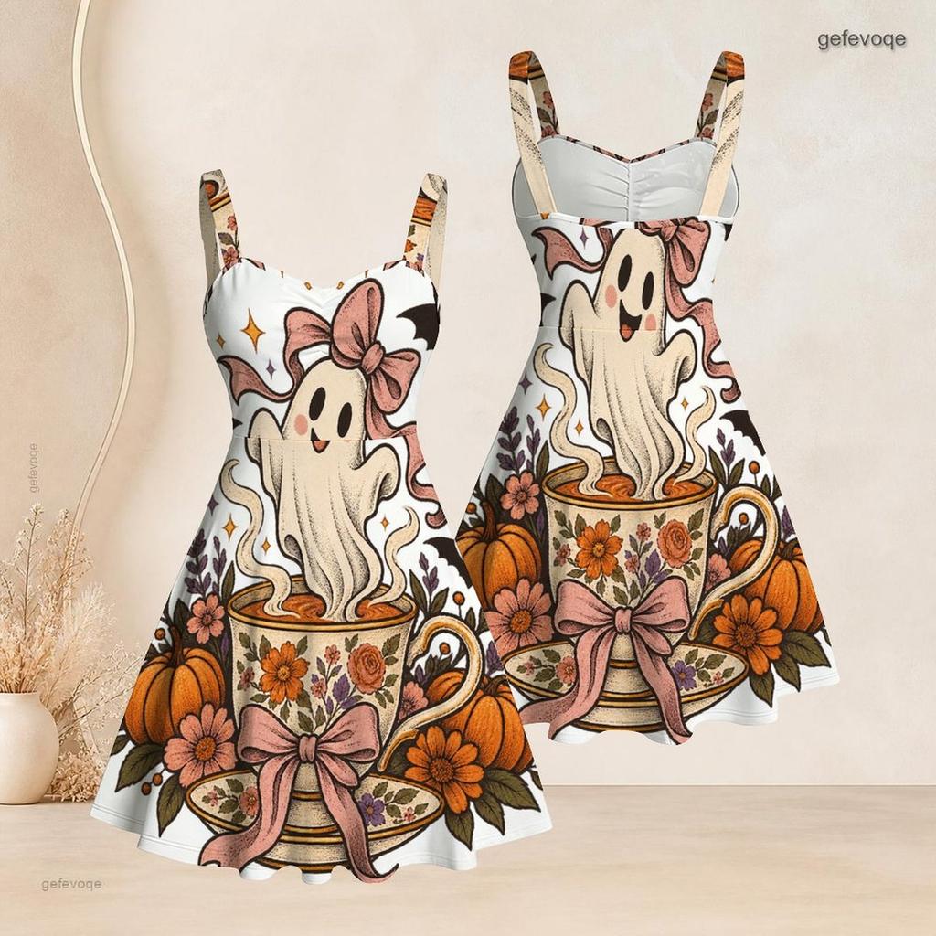 Women Plus Size Spaghetti Strap Off Shoulder Dress Witchy Potion Bottle Floral Crystal Moon Print Swing Dress