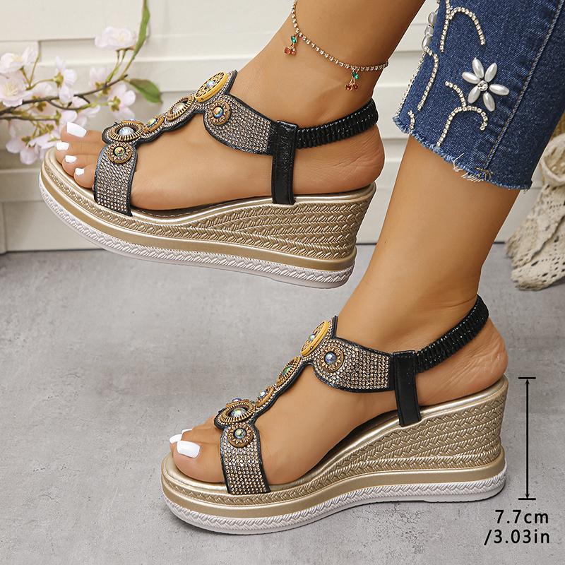 Fashion Crystal Pearl Decor Women's Wedges Sandals Bohemian Style Beaded Platform Sandals for Woman Summer 2025 Thick Bottom Beach Shoes