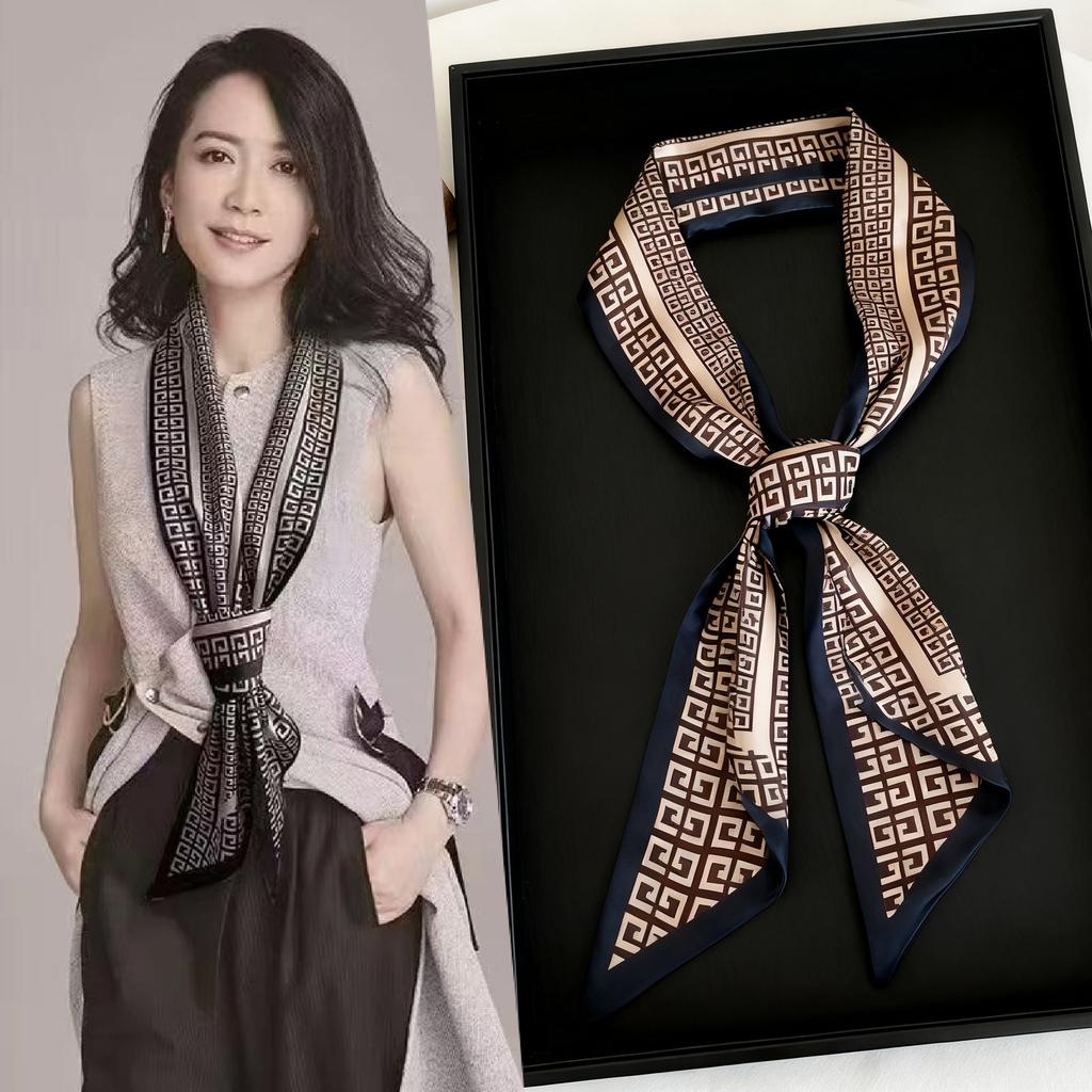 Temperament Long wide hair band, tied bag belt, double-sided silk scarf, retro literary satin streamer ins multi-functional scarf