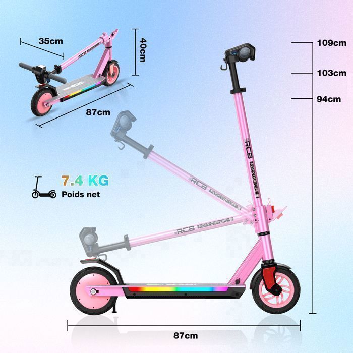 RCB R12 PRO Pink Electric Scooter – 220W – 3 Speeds – 7” – Colorful LEDs – Digital Display – 15KM – Perfect Gift