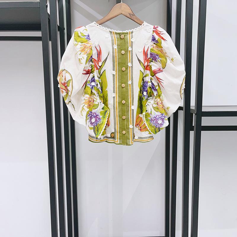 Women Floral Print Puff Sleeve Blouse V Neck Casual Loose Fit Button Down Top S