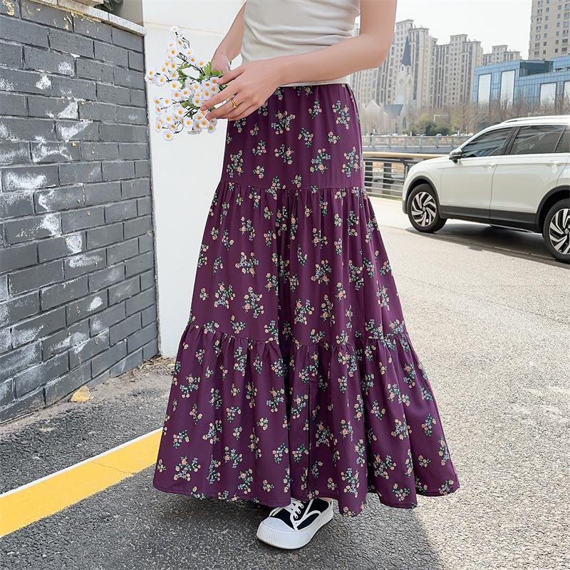 2025 Summer Floral Cotton-Silk Midi Skirt: Slimming, Thin Rayon Cardigan, Long Cake Skirt for Women.