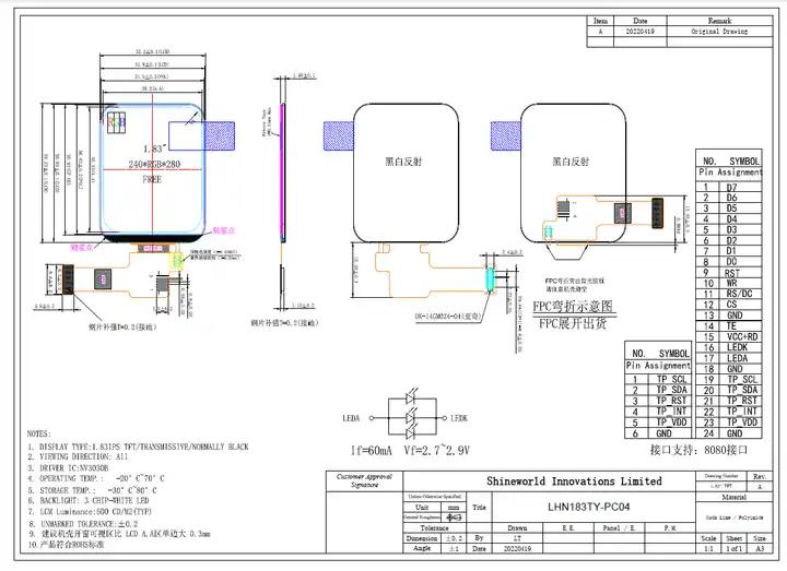 Pantalla LCD TFT IPS de 1,83 pulgadas 240x280 Pantalla Redonda Circular para Smartwatch