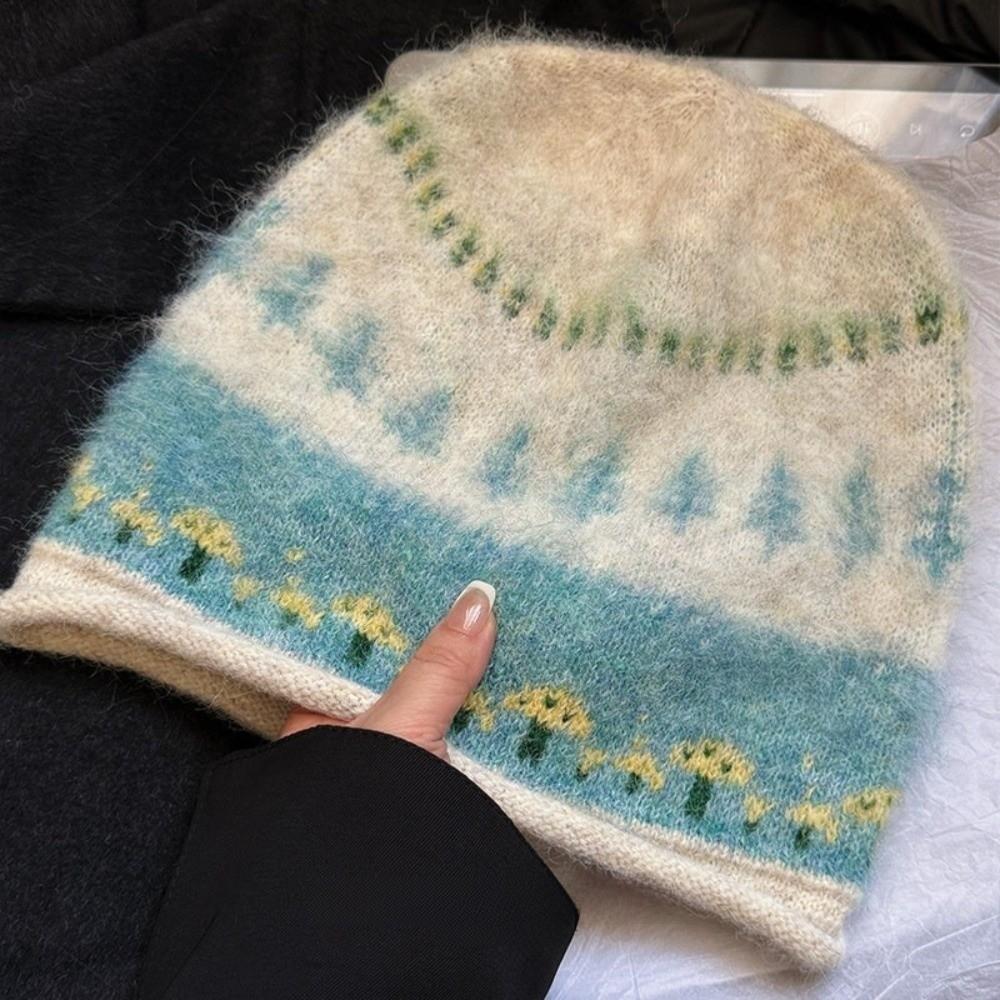 Fair Isle Style Pullover Hat Windproof Beanies Hat Comfortable Jacquard Knitted Hat  For Women