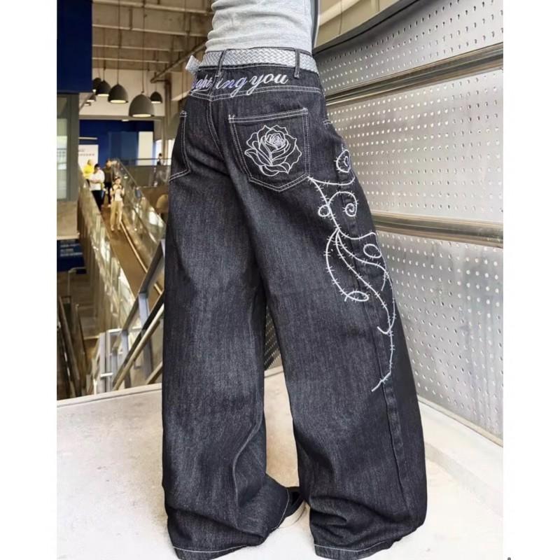 Black Rose Embroidered Wide Leg Relaxed