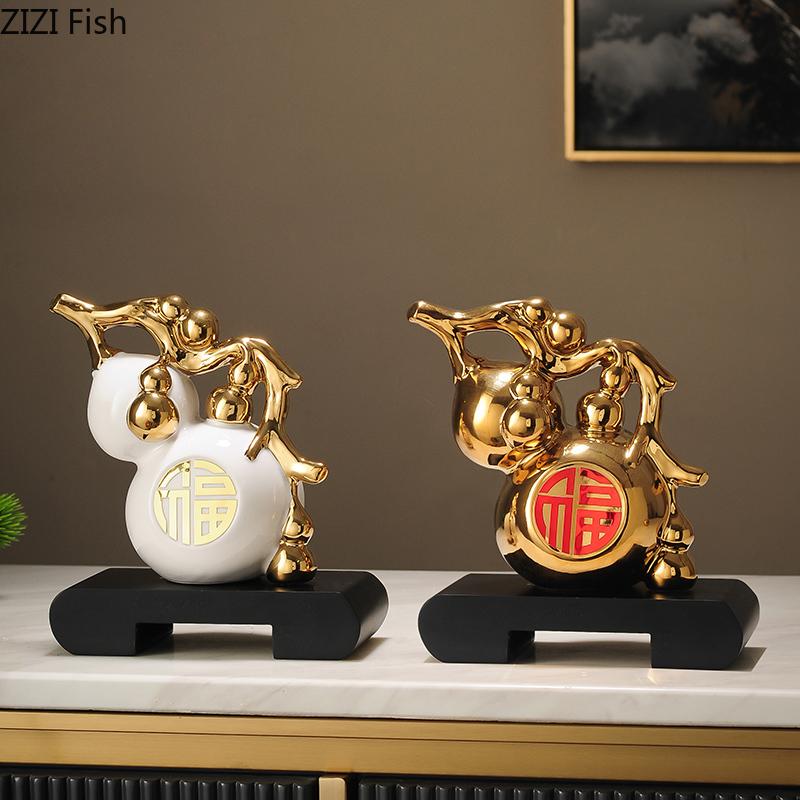 Golden Gourd Ceramic Statue Desk Decoration Ornaments Creative Porcelain Gourd Sculpture Modern Artwork Room Aesthetic Decor
