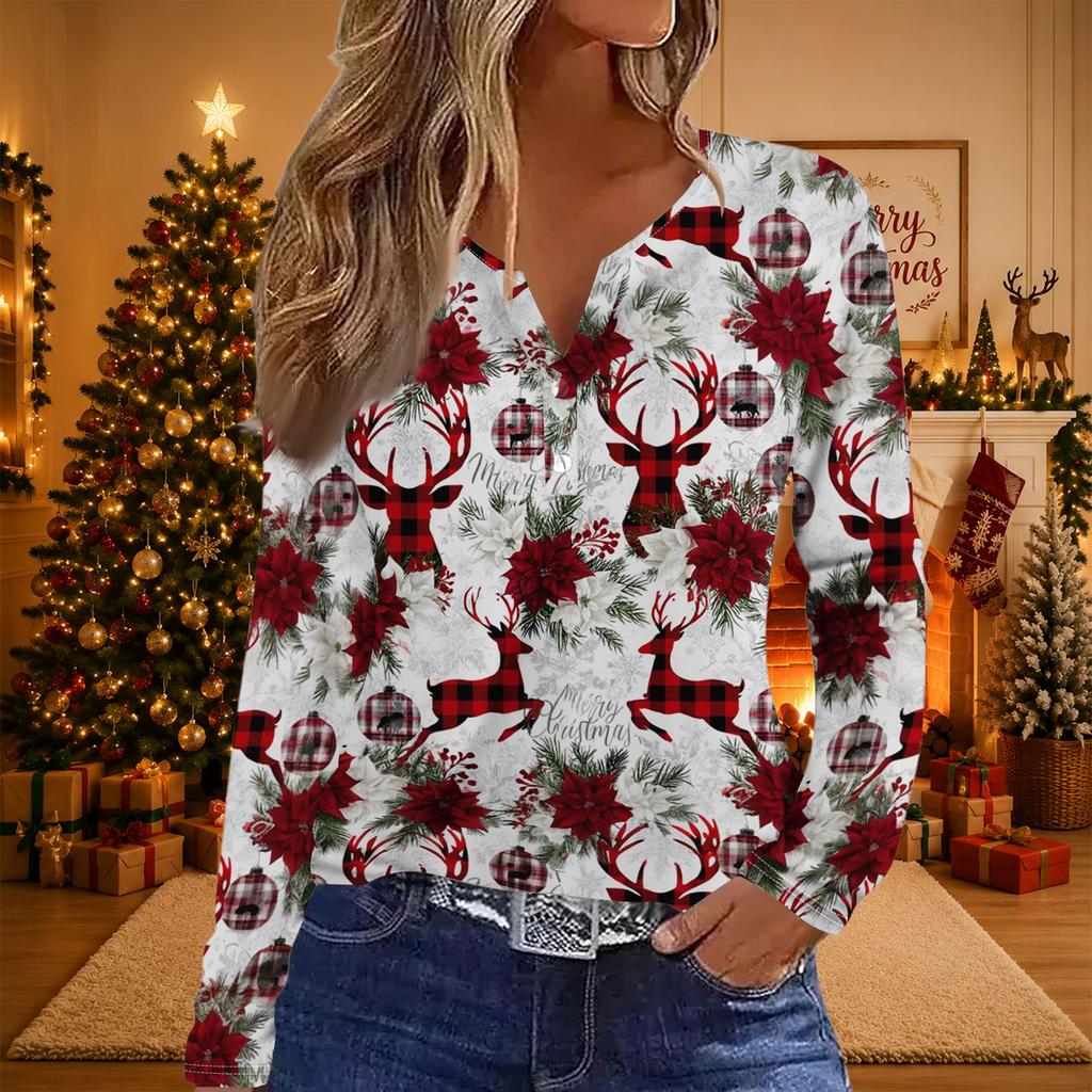 Women's Trendy Casual Three-Quarter Sleeve Christmas Print Round Neck Top for Holiday Parties