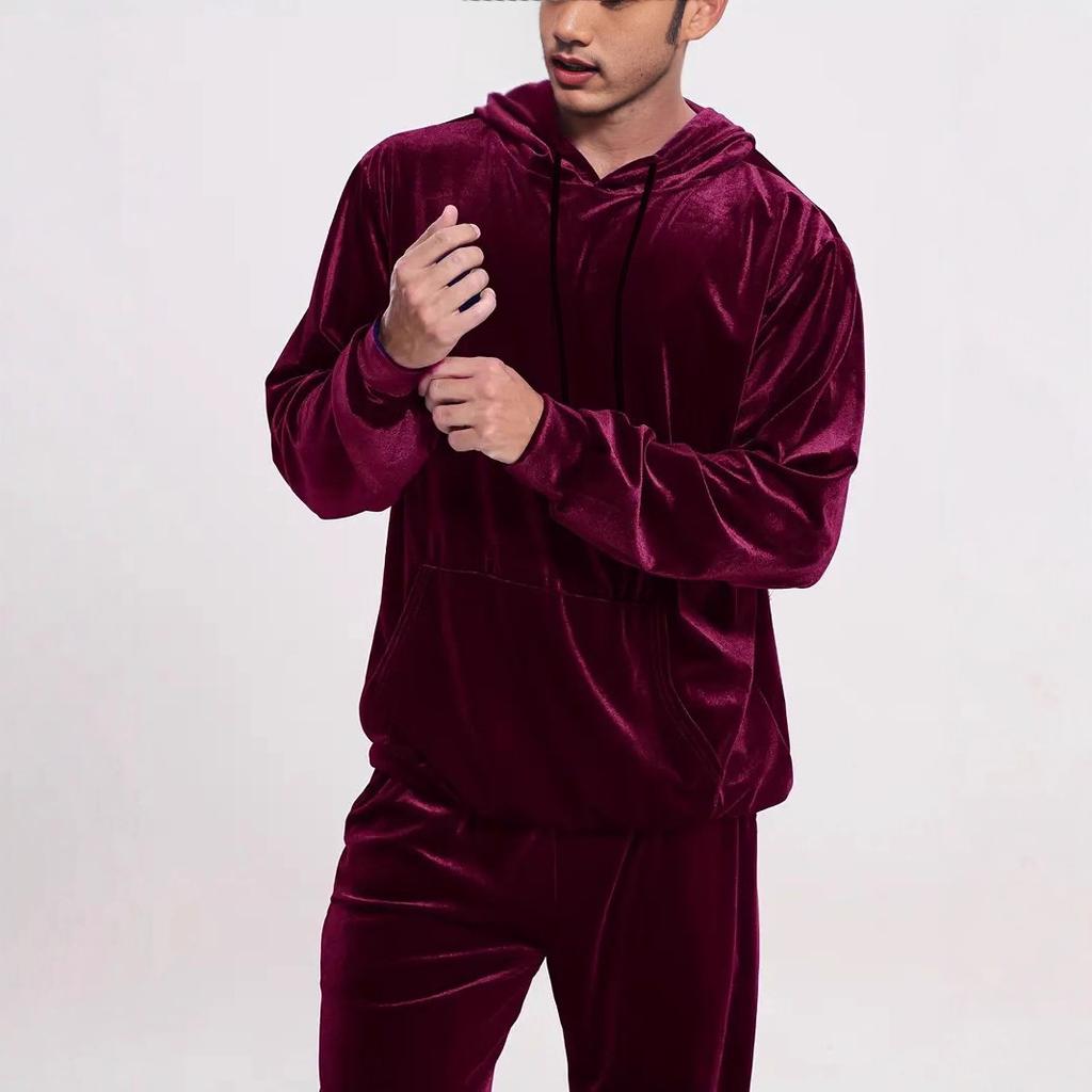 Fashion Solid Color Velvet Two Piece Sets Mens Fall Winter Casual Long Sleeve Hoodie And Pants Outfit Men Clothing Vintage Suits