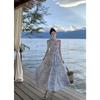 Summer One-Shoulder Ruffle Smocked Tiered Maxi Dress with Wave Print Dress
