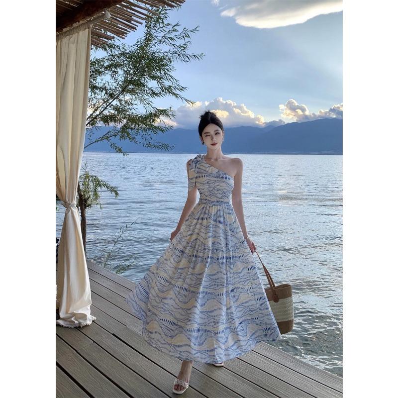 Summer One-Shoulder Ruffle Smocked Tiered Maxi Dress with Wave Print Dress